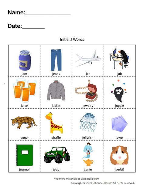 Initial J Words Worksheet - Ultimate SLP