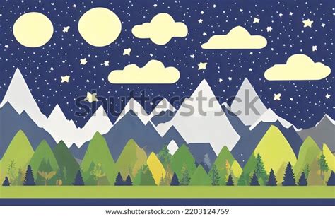 Mountains Forest Night Sky Clouds Stars Stock Illustration 2203124759 ...