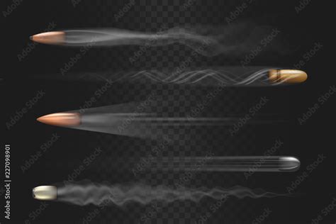 Realistic flying bullet with smoke trace isolated on transparent ...