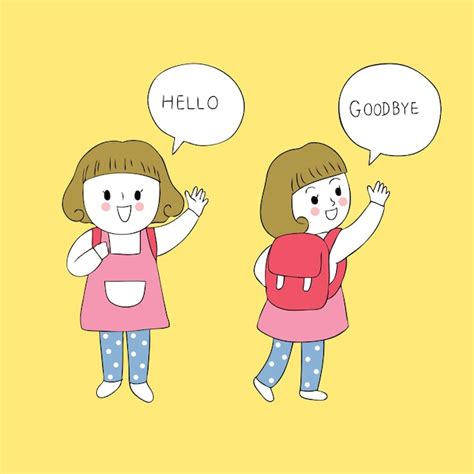 Cartoon cute student girl say Hello and Goodbye vector. Vector | Premium Download