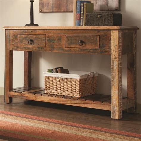 950364 Reclaimed wood finish 2 drawer hall console table with lower shelf transitional style ...