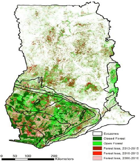 Forest cover map of Ghana (Adapted from Ghana Forestry Commission ...