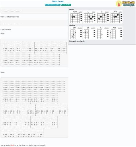 Chord: West Coast - tab, song lyric, sheet, guitar, ukulele | chords.vip