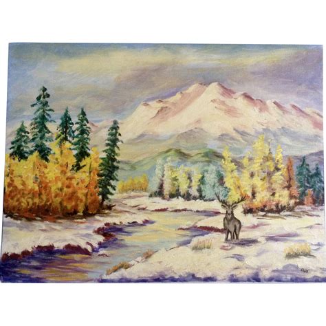 Dot Nix, Primitive Elk in Winter Landscape Oil Painting on Canvas Panel Board Signed By Artist