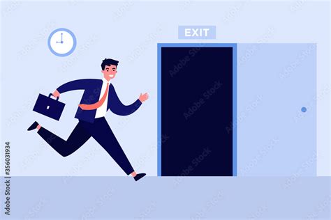 Businessman running to open exit door flat vector illustration. Cartoon ...