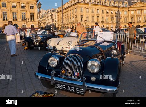 Paris, France, People Visiting Antique Cars Show, on Display, Place Vendome, Parisian street ...