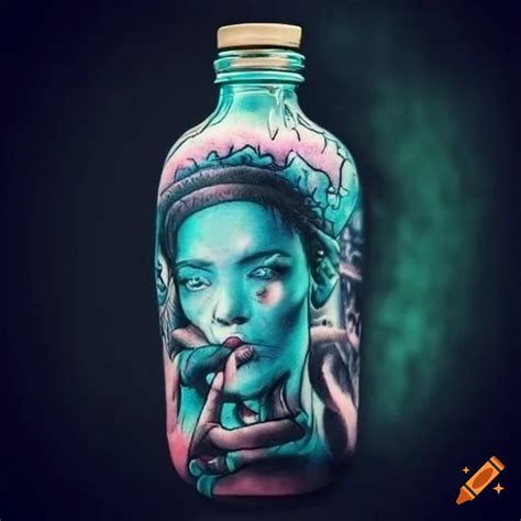 Hand tattoo with psychedelic-style elixir bottle on Craiyon