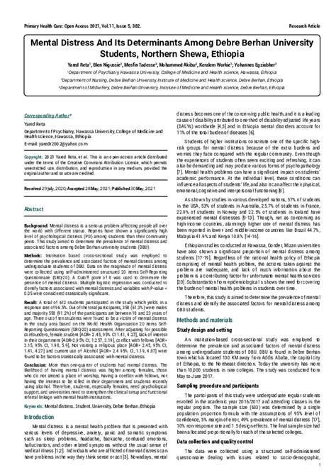 (PDF) Mental Distress And Its Determinants Among Debre Berhan ...