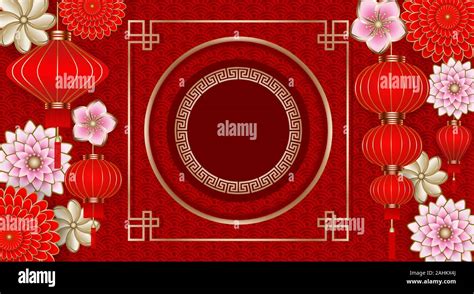 chinese new year background with flowers, red lanterns and gold round frame Stock Vector Image ...