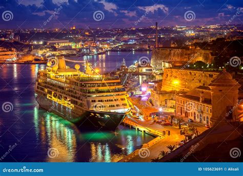 Aerial View of Cruise Ship in Grand Harbour in Night, Valletta, Stock ...