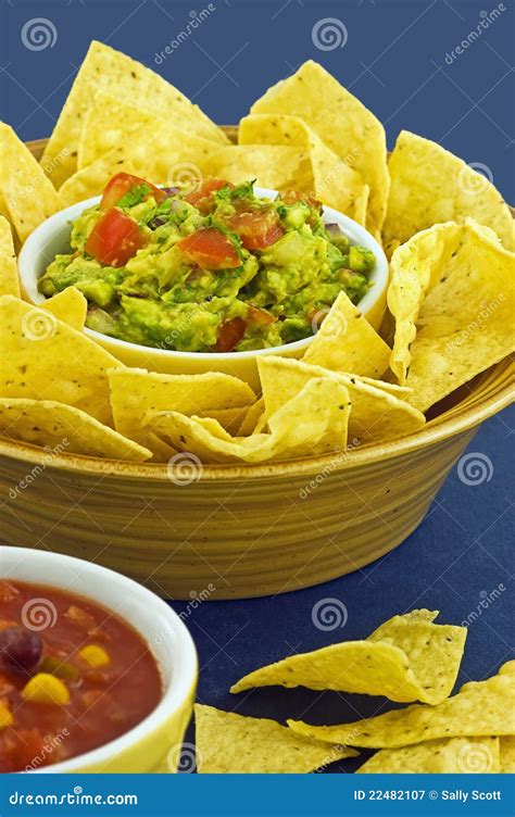 Guacamole with Tortilla Chips Stock Image - Image of blue, tortilla: 22482107