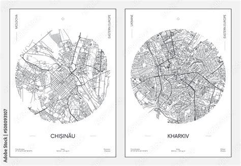 Travel poster, urban street plan city map Chisinau and Kharkiv, vector ...