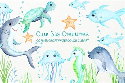 Watercolor Clipart Cute Sea Creatures