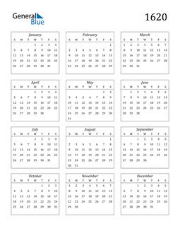 1620 Calendar (PDF, Word, Excel)