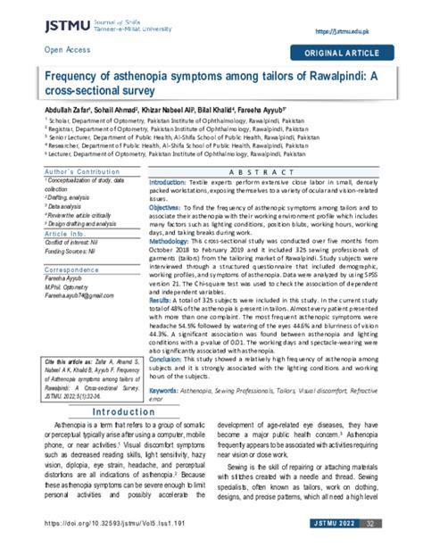 (PDF) Frequency of asthenopia symptoms among tailors of Rawalpindi: A cross-sectional survey ...