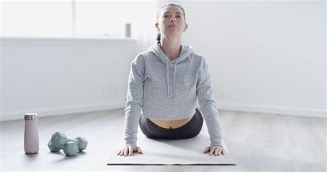 Woman, Yoga and and Fitness for Body Health, Cobra Pose and Zen with Breathing on Exercise Mat ...