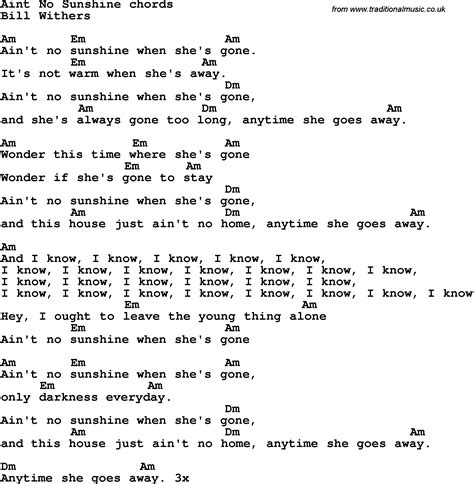 Song Lyrics with guitar chords for Ain't No Sunshine | Guitar chords and lyrics, Guitar lessons ...