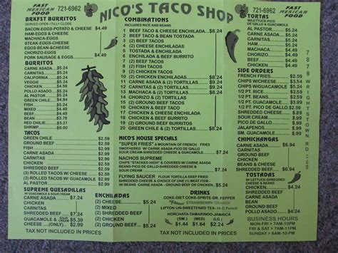 Nico's Taco Shop Menu, Menu for Nico's Taco Shop, East Tucson, Tucson - Urbanspoon/Zomato