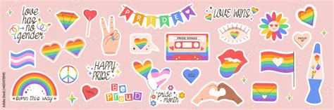 Sticker set of LGBTQ community symbols with groovy retro elements. Pride month slogans and ...