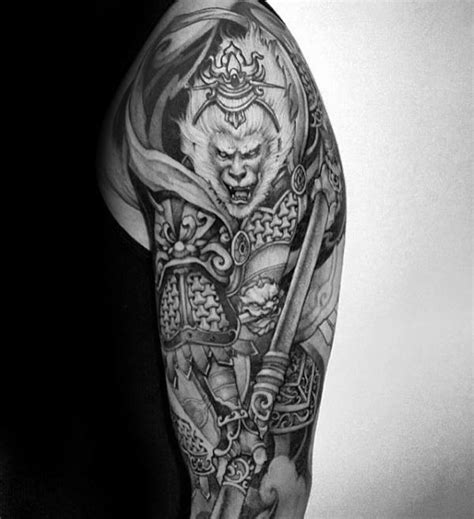 Monkey King Black And Grey Ink Male Shaded Half Sleeve Tattoo Design Ideas | King tattoos, Half ...