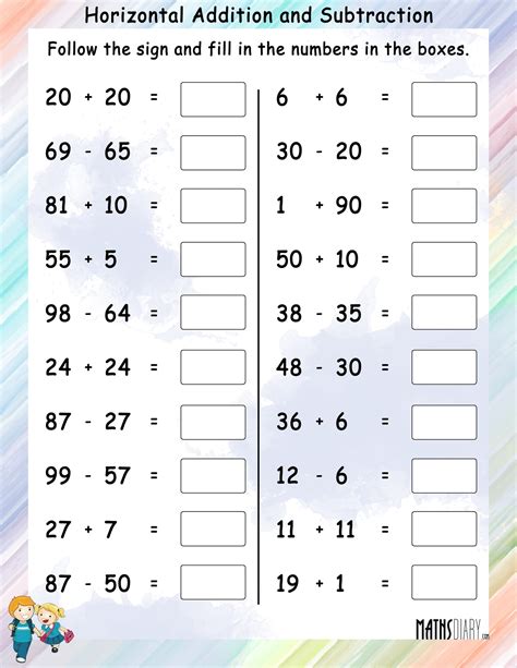 Horizontal Addition and Subtraction - Math Worksheets - MathsDiary.com