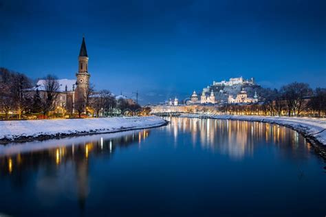 Salzburg Old Town at Twilight in Winter, Austria Stock Image - Image of ...