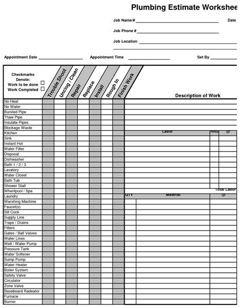 Plumbing Estimate Construction Worksheet | Estimating Plumbing Construction