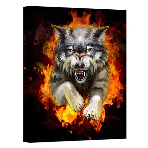 Contemporary Painting Wall Art Fire Wolf Print On Canvas Animal The ...