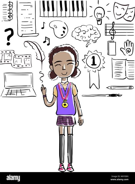 Illustration of a Kid Girl Wearing a Medal with Humanities Focus Doodles from Piano to Quill to ...