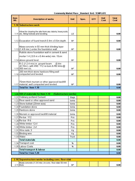 BOQ Template | Mortar (Masonry) | Cement