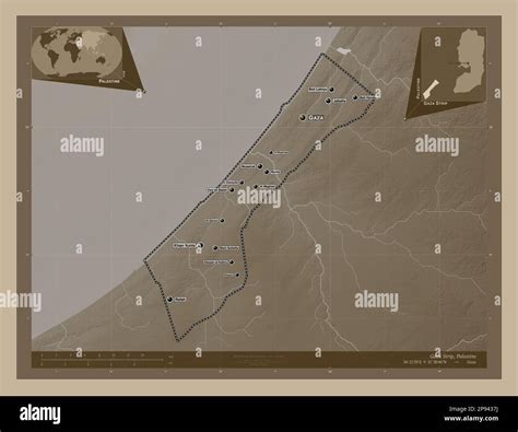 Striscia di Gaza, regione della Palestina. Mappa dell'altitudine colorata in tonalità seppia con ...