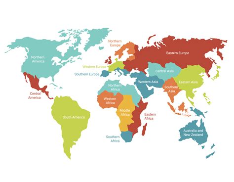 mapa mundial con territorios resaltados. continentes coloreados con divisiones geográficas ...