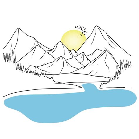 Mountain Line Art, Minimalist Landscape Drawing, Lake Outline Drawing, Simple Sketch, Sunrise ...