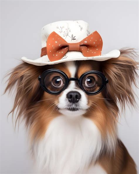 Premium Photo | A small dog wearing a hat and glasses with a bow tie.