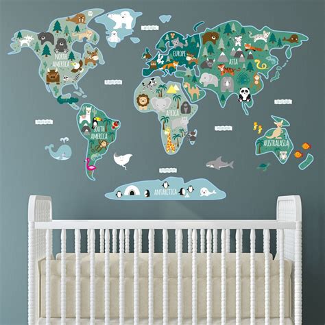 Childrens World Map Decal, Educational Kids Wall Sticker, Toddler Room ...