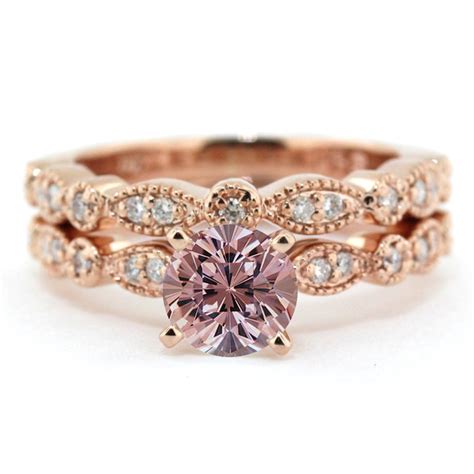 2.00 carat Round Cut Morganite and Diamond Halo Bridal Set in 10k Rose Gold - JeenJewels