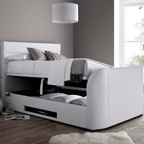 Annecy White Leather Ottoman Media TV Bed Frame - 6ft Super King Size