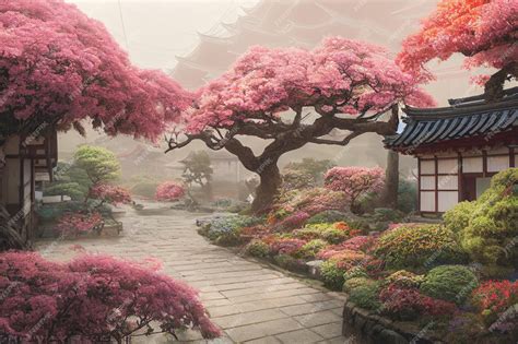 Premium Photo | 3d render of old town japan with cherry blossom trees