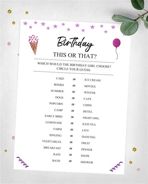 Birthday This or That Party Game. Teen, Tween Girl Birthday Game. Instant Digital Download ...