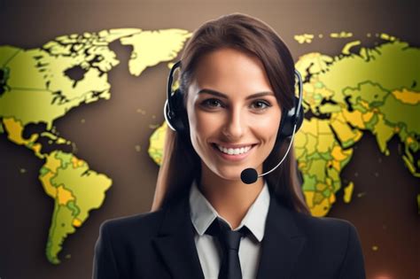 Premium AI Image | A smiling call center girl wearing headphones with a microphone on a world ...