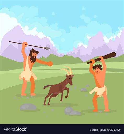 Stone age hunters flat Royalty Free Vector Image