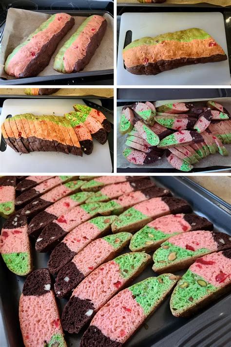 A 5 part image showing the baked biscotti loaves being sliced and arranged on baking sheets ...