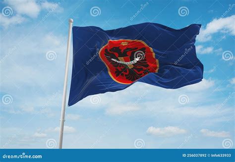 Flag of Albanian Peoples Kosovo Albanians at Cloudy Sky Background, Panoramic View.flag ...