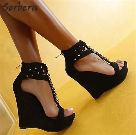 Sorbern Black Women Wedges Sandal High Heels T Strap Chain Plus Size ...