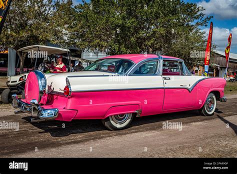 Fort Meade, FL - February 26, 2022: High perspective rear corner view of a 1955 Ford Fairlane ...