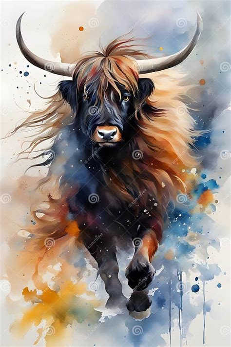 Highland Cattle Watercolor Painting Made with AI Stock Photo - Image of ...