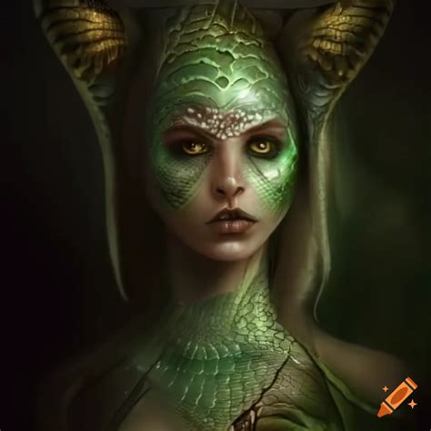 Artwork of a serpent queen with green scales on Craiyon