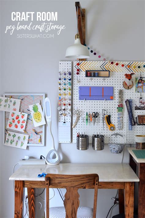 a colorful pegboard used for craft space