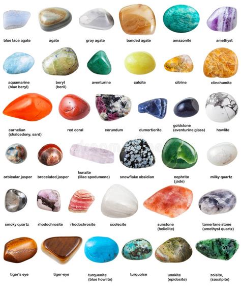 Various Tumbled Gemstones with Names Isolated Stock Photo - Image of clinohumite, calcite: 77285526