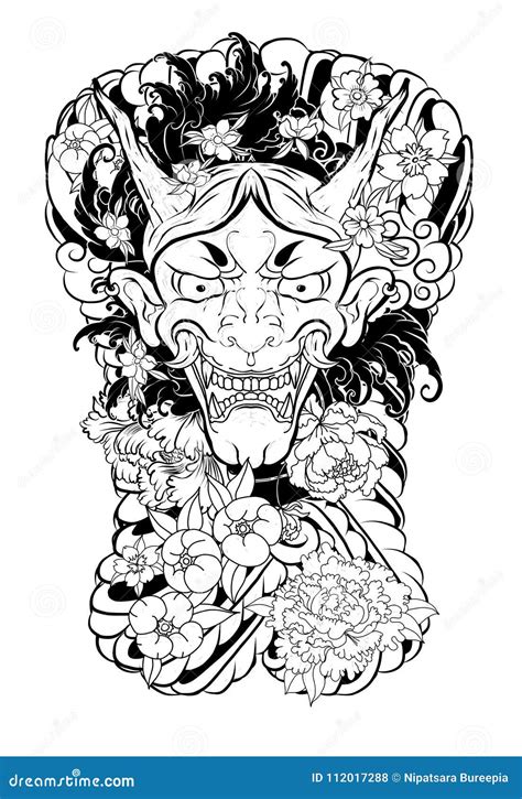 Japanese Demon Mask Tattoo For Arm. Hand Drawn Oni Mask With Cherry Blossom And Peony Flower ...